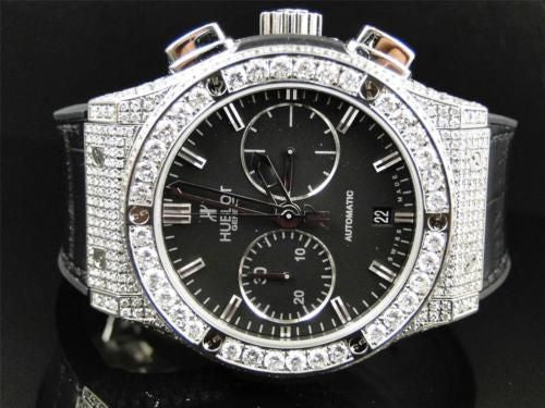 Mens New Custom Hublot Big Bang 44mm Leather Band Genuine Diamond Watch 10.5 Ct