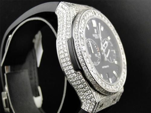 Mens New Custom Hublot Big Bang 44mm Leather Band Genuine Diamond Watch 10.5 Ct