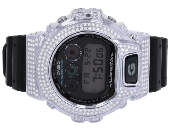 Mens Casio G Shock 6900 White Gold Steel Diamond Watch 3.0 CT
