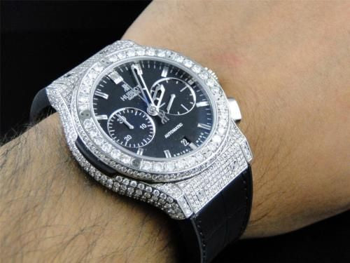 Mens New Custom Hublot Big Bang 44mm Leather Band Genuine Diamond Watch 10.5 Ct