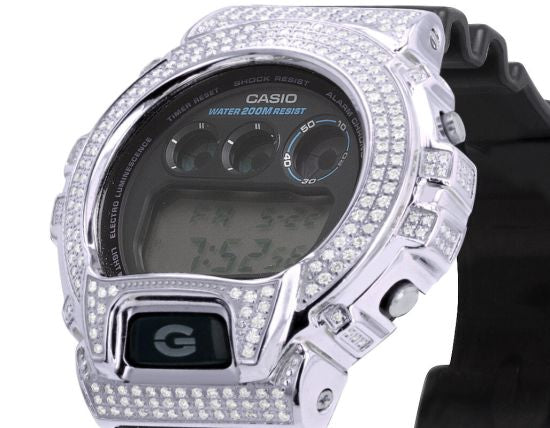 Mens Casio G Shock 6900 White Gold Steel Diamond Watch 3.0 CT