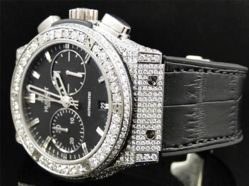 Mens New Custom Hublot Big Bang 44mm Leather Band Genuine Diamond Watch 10.5 Ct