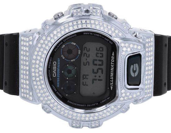Mens Casio G Shock 6900 White Gold Steel Diamond Watch 3.0 CT