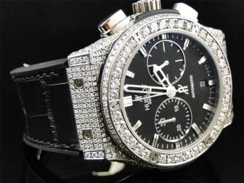 Mens New Custom Hublot Big Bang 44mm Leather Band Genuine Diamond Watch 10.5 Ct