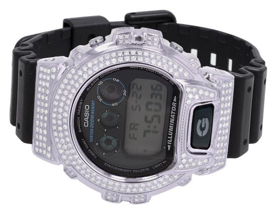 Mens Casio G Shock 6900 White Gold Steel Diamond Watch 3.0 CT