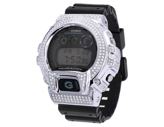 Mens Casio G Shock 6900 White Gold Steel Diamond Watch 3.0 CT
